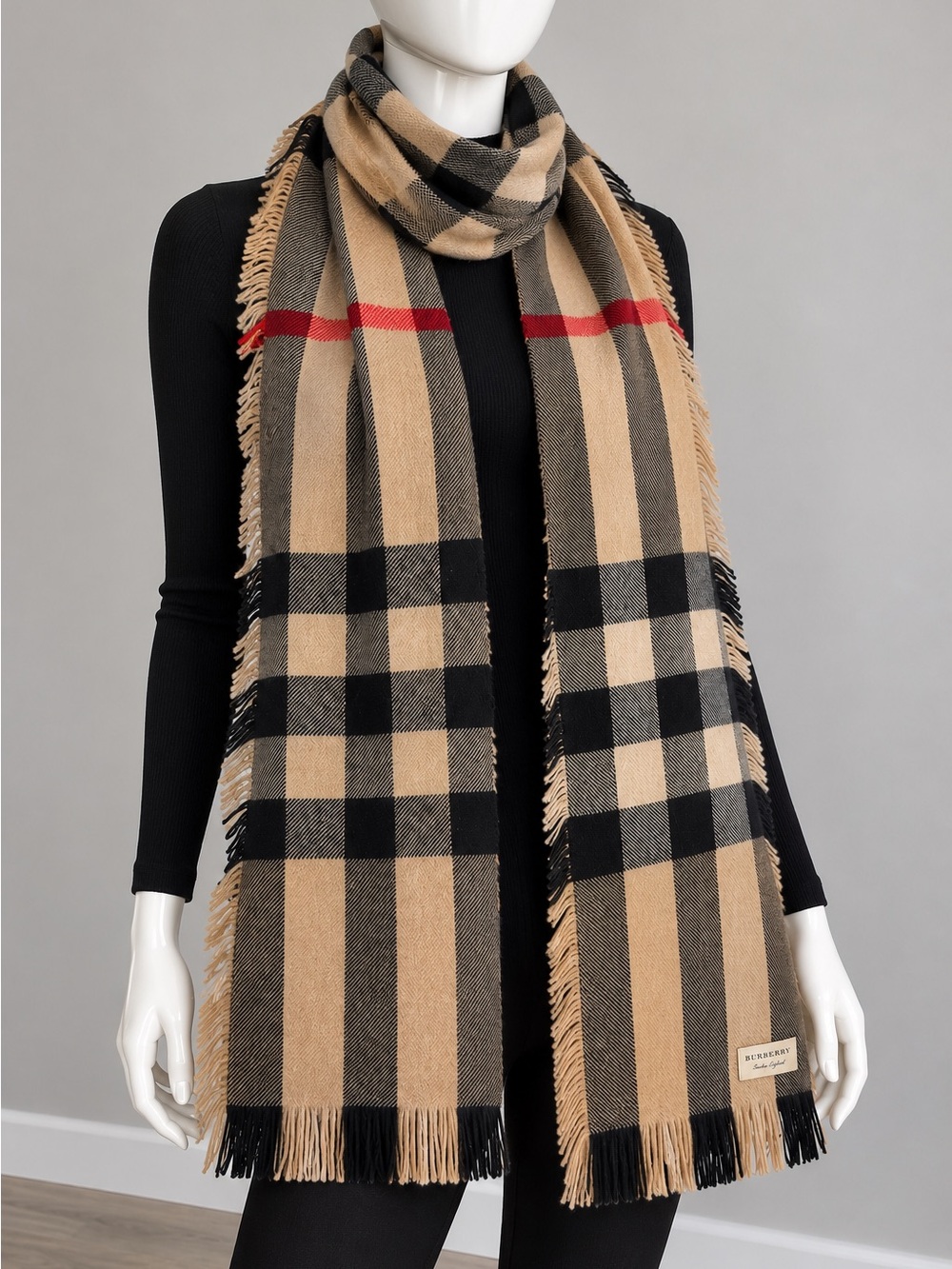 Authentic Burberry Extra Long Classic Check Cashmere Scarf – Camel